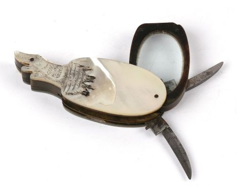 A Victorian novelty mother of pearl and horn folding eyeglass, the handle engraved and carved as a lizard coming out of the e