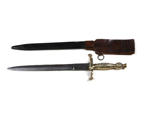 An early 20th century Masonic stiletto dagger in its leather scabbard with frog. Having a brass hilt and crosspiece with the 