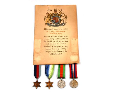 A WW2 Merchant Navy casualty medal group of four including the Atlantic Star together with his medal scroll named to Able Sea