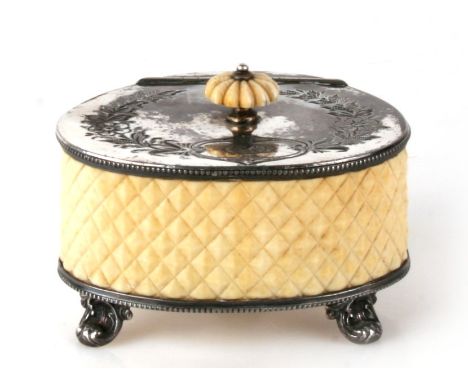 A Victorian silver plated tea caddy with ivory body and finial. 13cm 5ins wide. Condition ReportSilver plate somewhat worn, o