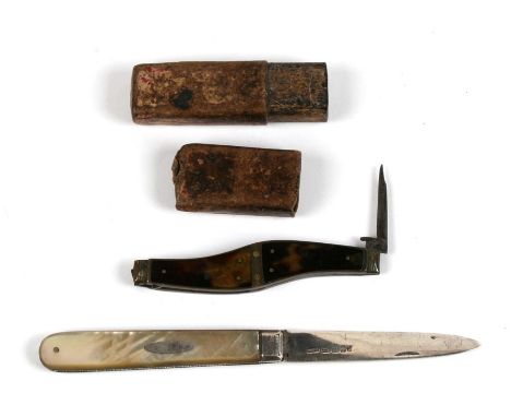 A William IV silver and mother of pearl fruit knife in original box, Sheffield 1834, together with 19th century tortoiseshell