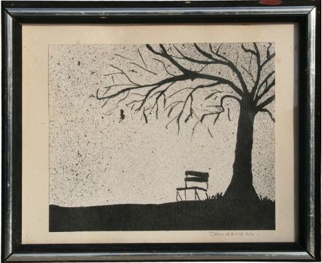 Dandeneau - A Bench Under A Tree - signed in pencil to the margin, black ink, framed &amp; glazed, 20 by 17cms (8 by 6.75ins)