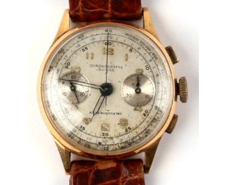 An 18ct gold chronograph Suisse wristwatch stopwatch.Condition Reportcase diameter 34mm. Stop watch sticking, seconds hand go