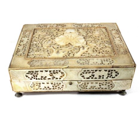 An 18th century Chinese carved mother of pearl jewellery box, interior lined & fitted with compartments & a mirror.Condition 