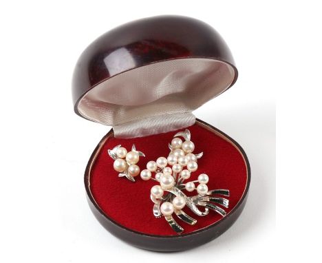 A sterling silver and pearl brooch; together with matching screw back earrings.
