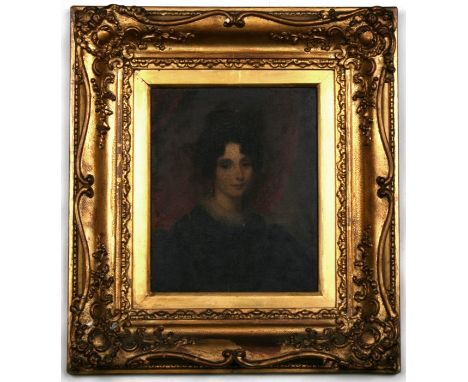 A late Regency oil on panel portrait a young lady, framed, 18 by 21cms (7 by 8.25ins).