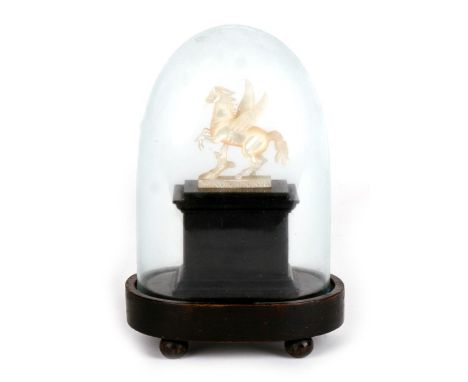 A Chinese carved mother of pearl rearing winged horse, 6cm (2.25ins) high, mounted on a wooden plinth under an oval glass dom