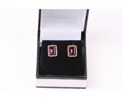 A pair of 9ct gold rectangular amethyst earrings