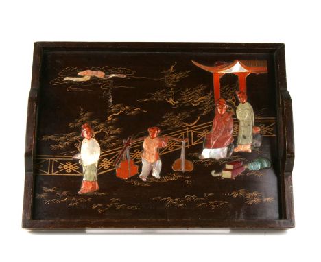 Early 20th century Chinese lacquer two handled tray, decorated a figural scene, inlaid with hardstone and mother of pearl. 46