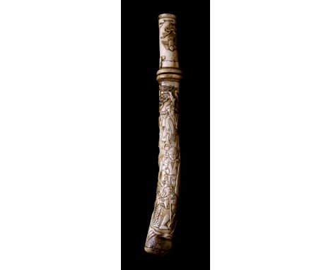 A Japanese short sword tanto with carved bone handle and scabbard, highly decorated with figures, 33cms (12.5ins) long.Condit