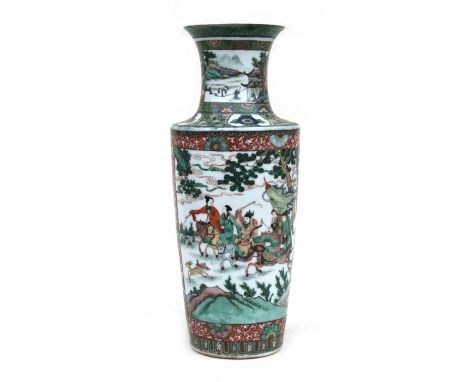 A Chinese famille rose vase decorated with a hunting scene to one side and a court procession on the other, with foliate scro