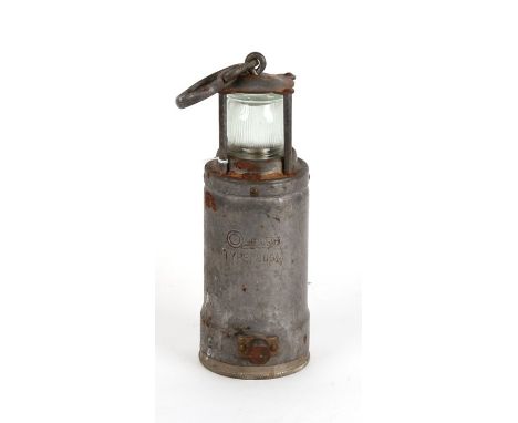 A WW2 Royal Navy Admiralty safety lamp with carry handle, Oldham Type 8115M. Lamp height without handle 25cms (9.875ins)