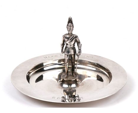 A military silver dish with central lifeguard soldier, Sheffield 1993, Engraved Major N G C Hamilton RDG 1995-93.  14cms (5.5