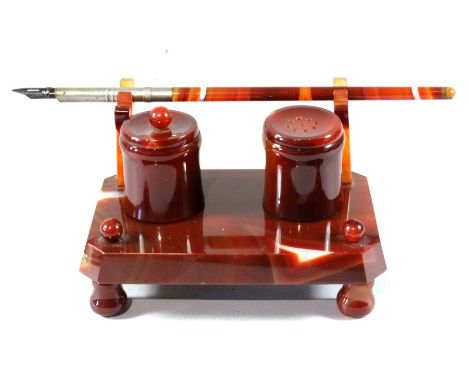 A French carved &amp; polished agate desk stand with dip pen, inkwell &amp; sander circa 1900