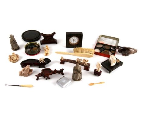 A Georgian pocket compass (a/f); together with a Japanese ivory okimono; various Chinese figure and vase stands; a quantity o