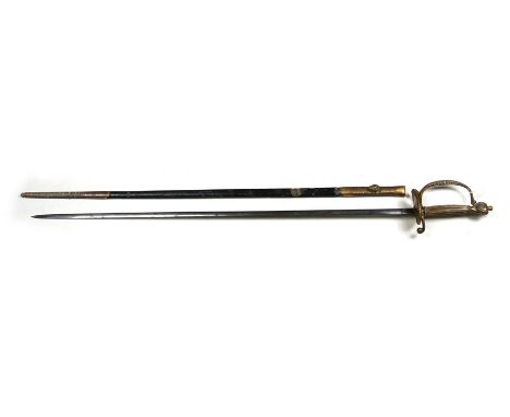 A 19th century court sword with finely etched blade in its black patent leather scabbard with brass mounts. Blade length 76cm