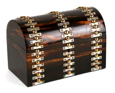 A Victorian dome topped mother of pearl and brass studded coromandel box, 20cms (8ins) wide.