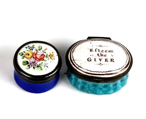 Two 18th century enamel patch boxes, one decorated with flowers, the other 'Esteem The Giver', the largest 4cms (1.5ins) wide