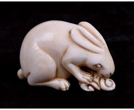 An early 20th century ivory netsuke of a rabbit eating. 4cm ( 1.5 ins) long.