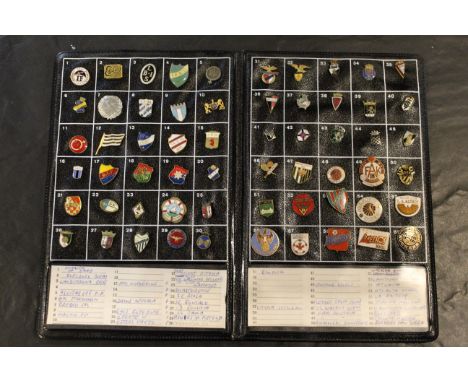 An indexed album of 60 International football supporters enamel badges of Swedish, Danish, Yugoslavian, Portuguese, Austrian,