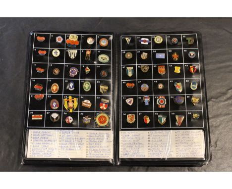 An indexed album of 60 former Czechoslovakian football supporters enamel badges, including Slovan Bratislava.