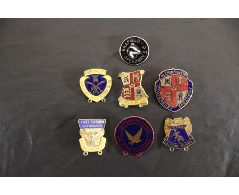 3 Canterbury speedway supporters enamel badges, 3 Eastbourne  speedway badges and a Brafield speedway badge.