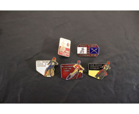 5 Speedway testimonial enamel badges, for Ole Olson, Barney Kennett, Tommy Jansson, Phil Crump and Bob Kilby.