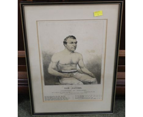 A 19th century print, portrait of bare knuckle boxer Tom Sayers, Champion of England (1826-1865), listing fight history 32 x 