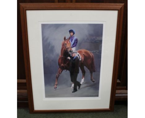J.Stanhope?, Limited edition colour print, portrait of Persian Punch with jockey and handler, 55 x 40 cm, signed in pencil to