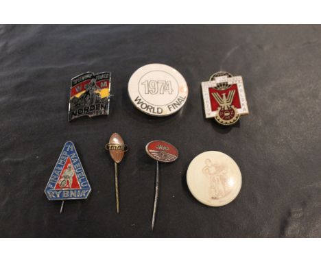 4 International speedway badges and 3 stick pins. 