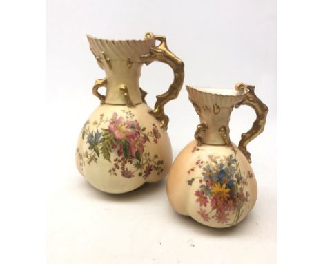 Large Royal Worcester blush ivory jug, of baluster form with naturalist modelled handle, hand painted with flowers and height