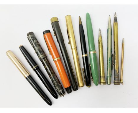 A selection of assorted pens, to include a Mordan Everpoint silver propelling pencil, hallmarked London, two Swan fountain pe