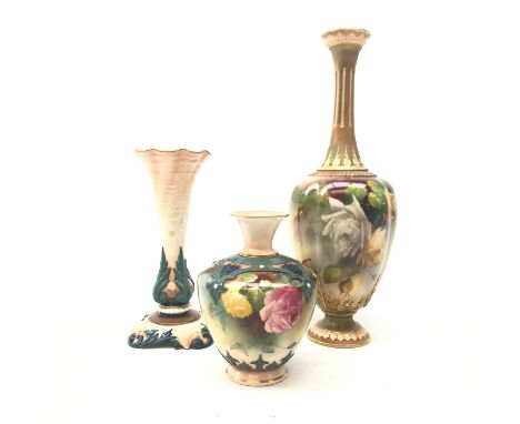 Royal Worcester vase, of ovoid form with tall neck and spreading foot, decorated with hand painted roses and gilt detail, sig