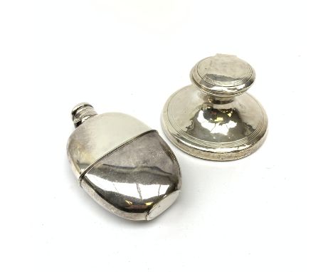 A George V silver mounted capstan inkwell, hallmarked Birmingham 1923, maker's mark worn and indistinct, (a/f), together with