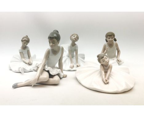 A group of five Nao figurines, each modelled as ballet dancers in various poses, each with printed marks beneath, tallest H16