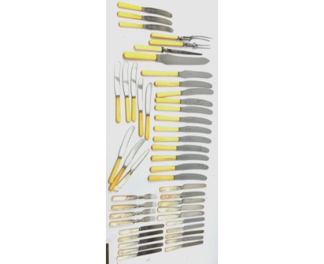 A group of flatware, comprising a selection of mother of pearl handled knives and forks, forks and some knifes with silver pl