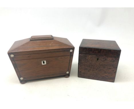 19th century burr yew tea caddy, later converted into a jewellery box, H12cm and a Victorian rosewood tea caddy of sarcophagu