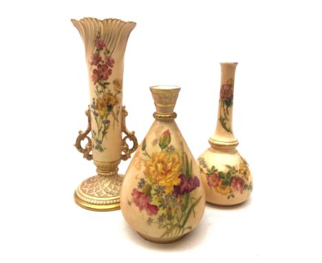 Royal Worcester blush ivory twin handled specimen vase, with lattice foot and hand painted with flowers and heightened with g