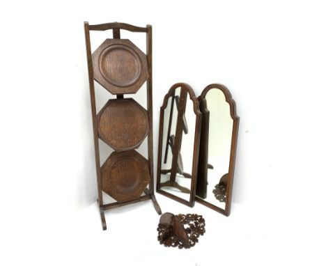 Pair of late Victorian mahogany framed arched wall mirrors H62cm x W24cm, fretwork wall bracket and a three tier octagonal ca