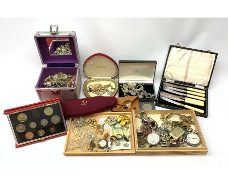 Early 20th century Swiss silver ladies pocket watch stamped 935, silver necklaces,  'Thanks Badge' and ring, all stamped, Eli