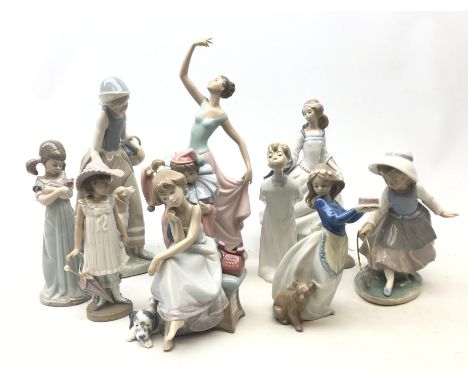 A group of four Lladro figurines, together with six Nao figurines, (some a/f), highest example H34.5cm.  Condition Report Cli