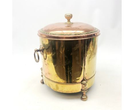 Early 20th century copper and brass coal bin and cover of cylindrical form, ribbon reeded detailing and ring drop handles, H4