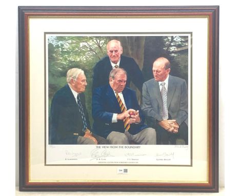 'The View From The Boundary' by John Blakey, autographed print, signed in pencil by R Illingworth, D B Close, F S Truman and 
