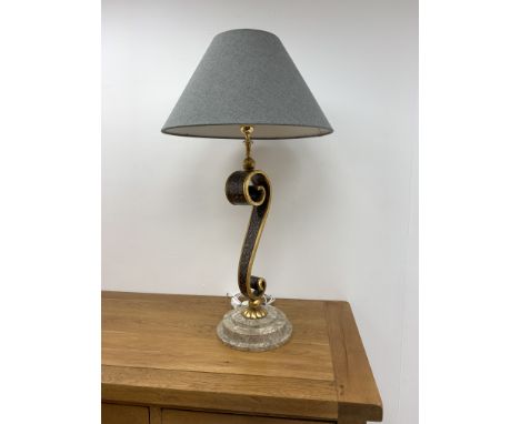 Large gilt and simulated stone 'S' form table lamp on a stepped polished stone effect base, blue/grey tone Hessian type shade