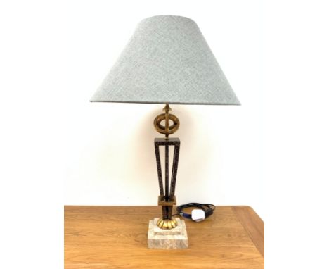 Large gilt and simulated stone table lamp of tapered form on stepped polished stone effect base, blue/grey tone Hessian type 