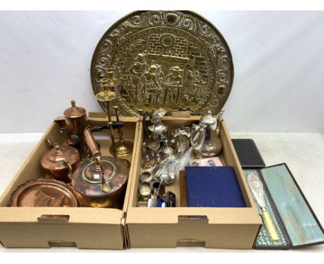 A group of assorted metalware, to include a small selection of silver plate, including three teapots, a milk jug, twin handle