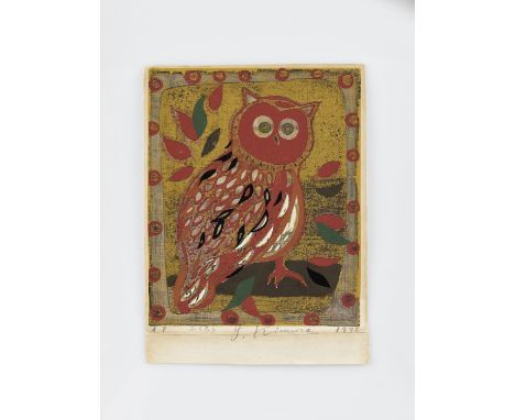   YOSHIHARU KIMURA: A COLOR WOODBLOCK PRINT OF AN OWL  By Yoshiharu Kimura (b.1934)   Japan, 1975    Depicting an owl on a br