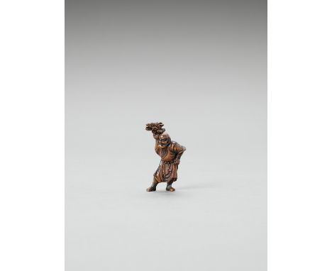   HIDEMITSU: A RARE HIDEMASA SCHOOL WOOD NETSUKE OF THE RAKAN HANDAKA SONJA  By Hidemitsu, signed Hidemitsu  Japan, Osaka, 19
