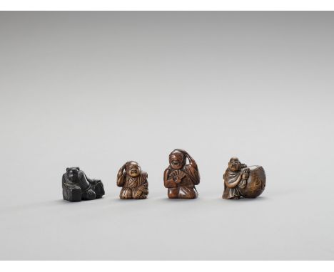   A GROUP OF FOUR FIGURAL WOOD NETSUKE  Unsigned  Japan, 19th century, Edo period (1615-1868)    One ebony wood and three box