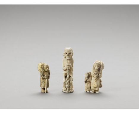   THREE IVORY OKIMONO WITH MONKEYS AND SKELETONS  Signed  Japan, Meiji period (1868-1912)    One netsuke carved as a skeleton